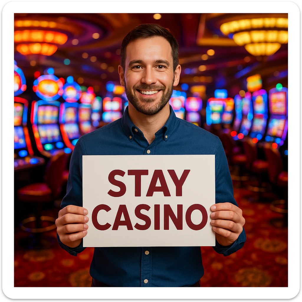 A man standing in a casino holding a sign that says 'Stay Casino', vibrant casino atmosphere, slot machines and lights in the background. sticker