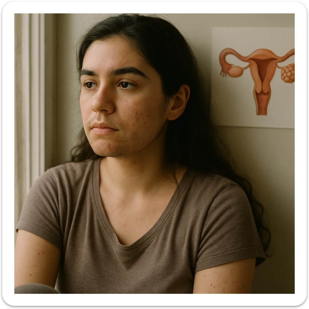 Create a soft and realistic portrait of a young woman with PCOS sitting by a window with natural light highlighting her faint facial hair and acne scars. The image should have a shallow depth of field and resemble 8 DSLR-style photos, raw and unfiltered. Include a subtle reference to polycystic ovaries inspired by the provided medical illustration. The style should be natural and photographic, focusing on authenticity and gentle lighting. sticker
