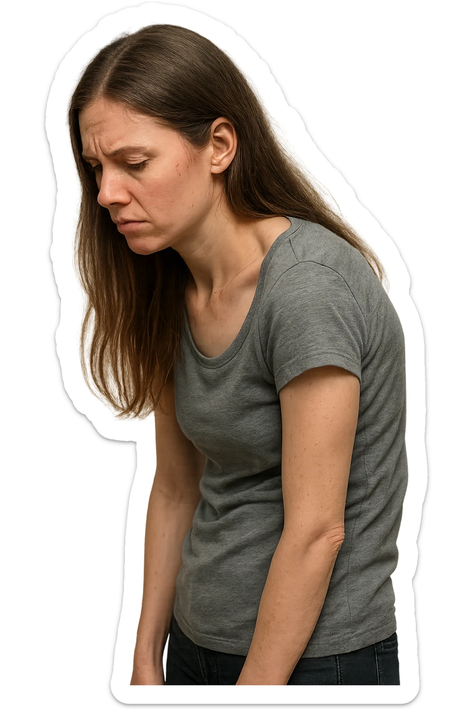 fai immagine identica ma di una donna con capelli lunghi, iperrealistico 4k, postura storta con spina dorsale storta sticker