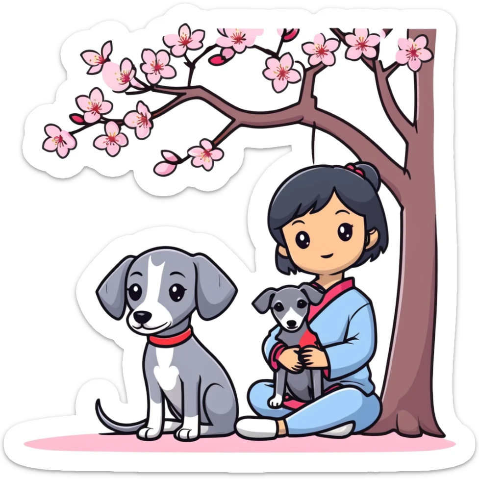 A young Chinese girl with long black hair and a dark grey Italian Greyhound with absolutely no white marks on its body or nose sitting under a cherry blossom tree sticker