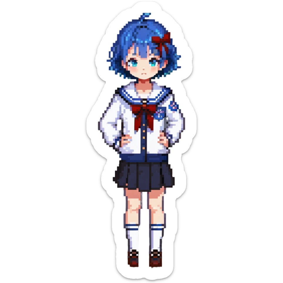 Pixel art anime girl with short bright blue hair wearing Japanese sailor style school uniform, standing with hand on hip but shyly glancing down with a small blush, small timid wave, very shy sticker