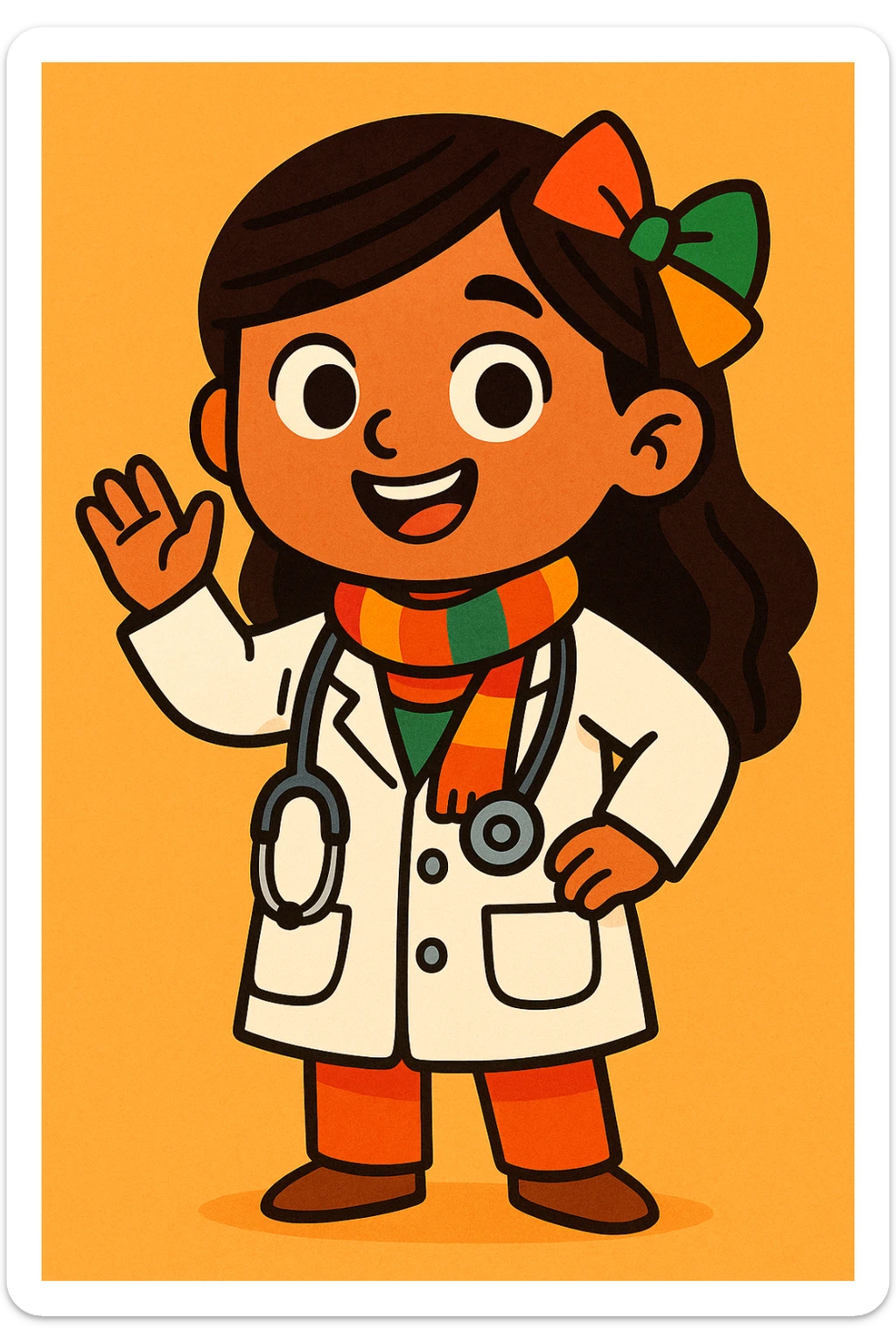 cute Mexican doctor girl, waving, stethoscope around neck, wearing white coat, bright scarf, cartoon style sticker
