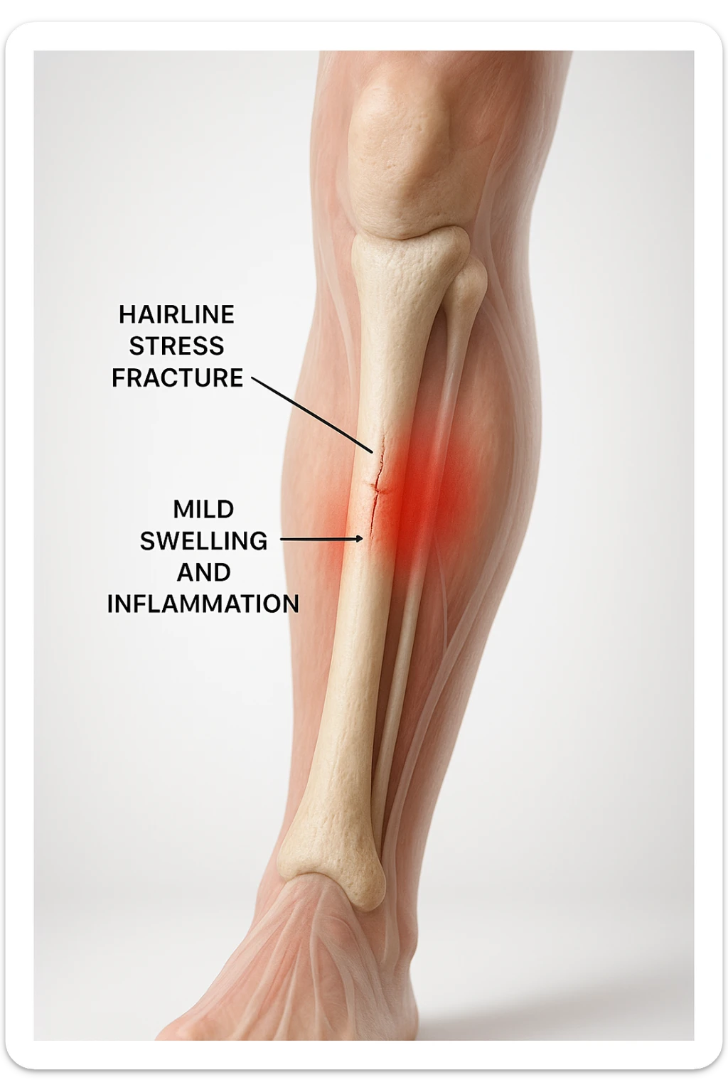 3D realistic medical illustration: a close-up of a human lower leg (tibia), showing the bone with a visible hairline stress fracture. The surrounding soft tissue is semi-transparent, highlighting mild swelling and inflammation. Educational labels point to the fracture site. The background is clean and clinical, with a subtle gradient. sticker