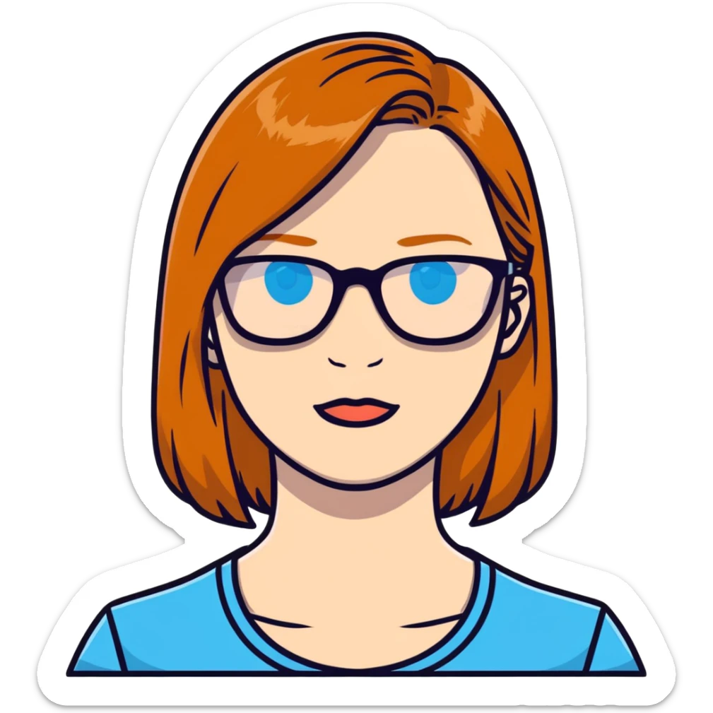 woman with pale skin, ginger straight hair, black glasses, blue eyes sticker
