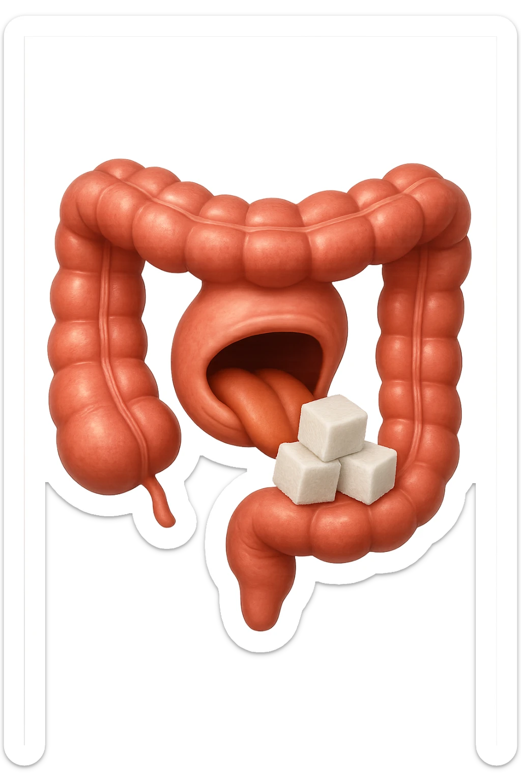 emoji stile iphone di un intestino anatomico che mangia zollette di zucchero, iperrealistico 4k, isolato su sfondo bianco sticker