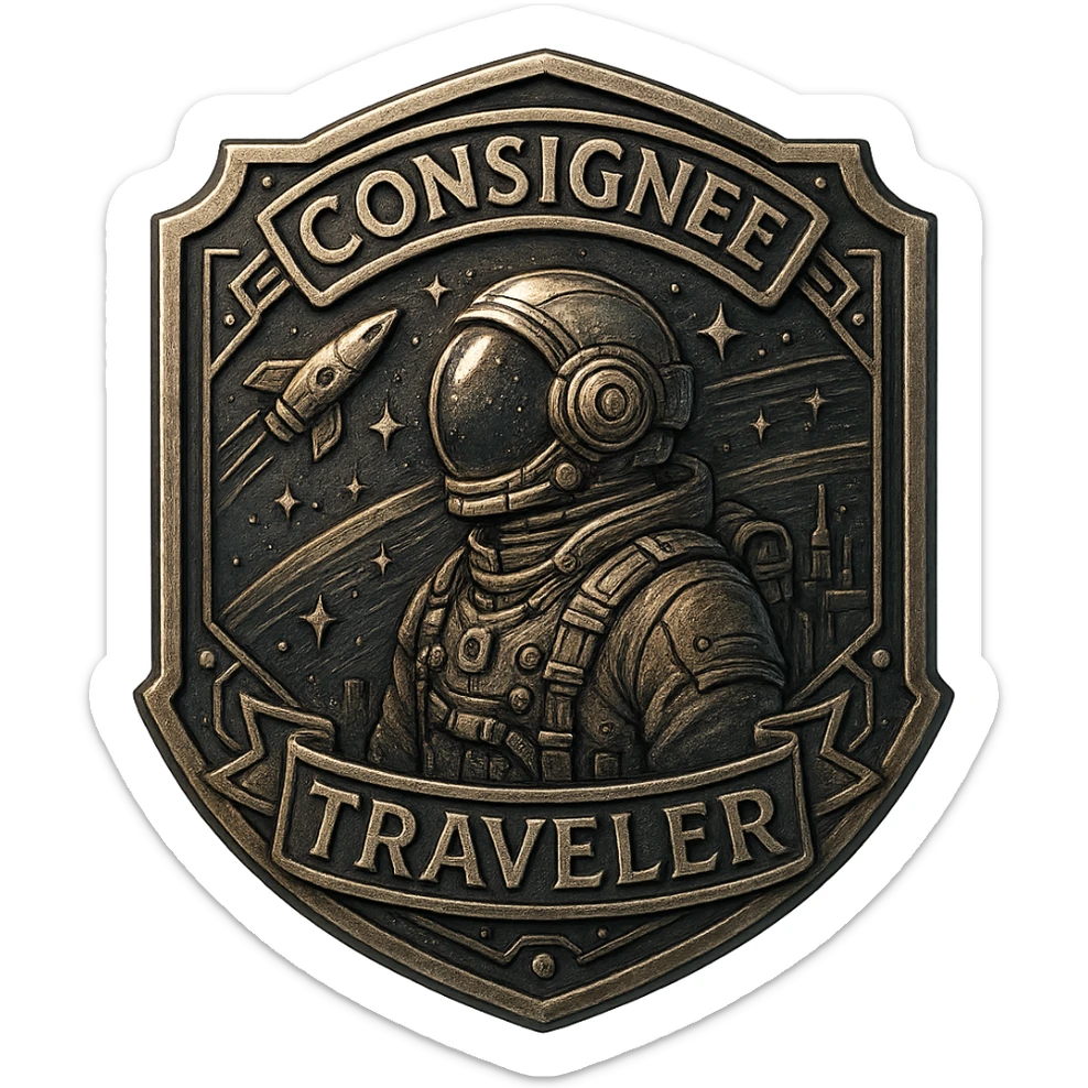 a metal insignia badge for a consignee traveler visitor, space scifi-futuristic cyberpunk futurepunk sticker