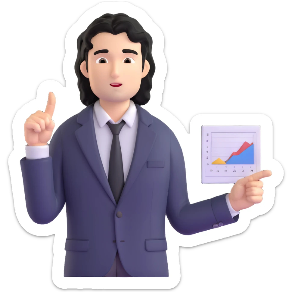 Business strategist man with black wavy hair, stubble, chiseled face, wearing blazer and button-up shirt, standing and pointing at charts while consulting with seated clients, confident leadership expression sticker