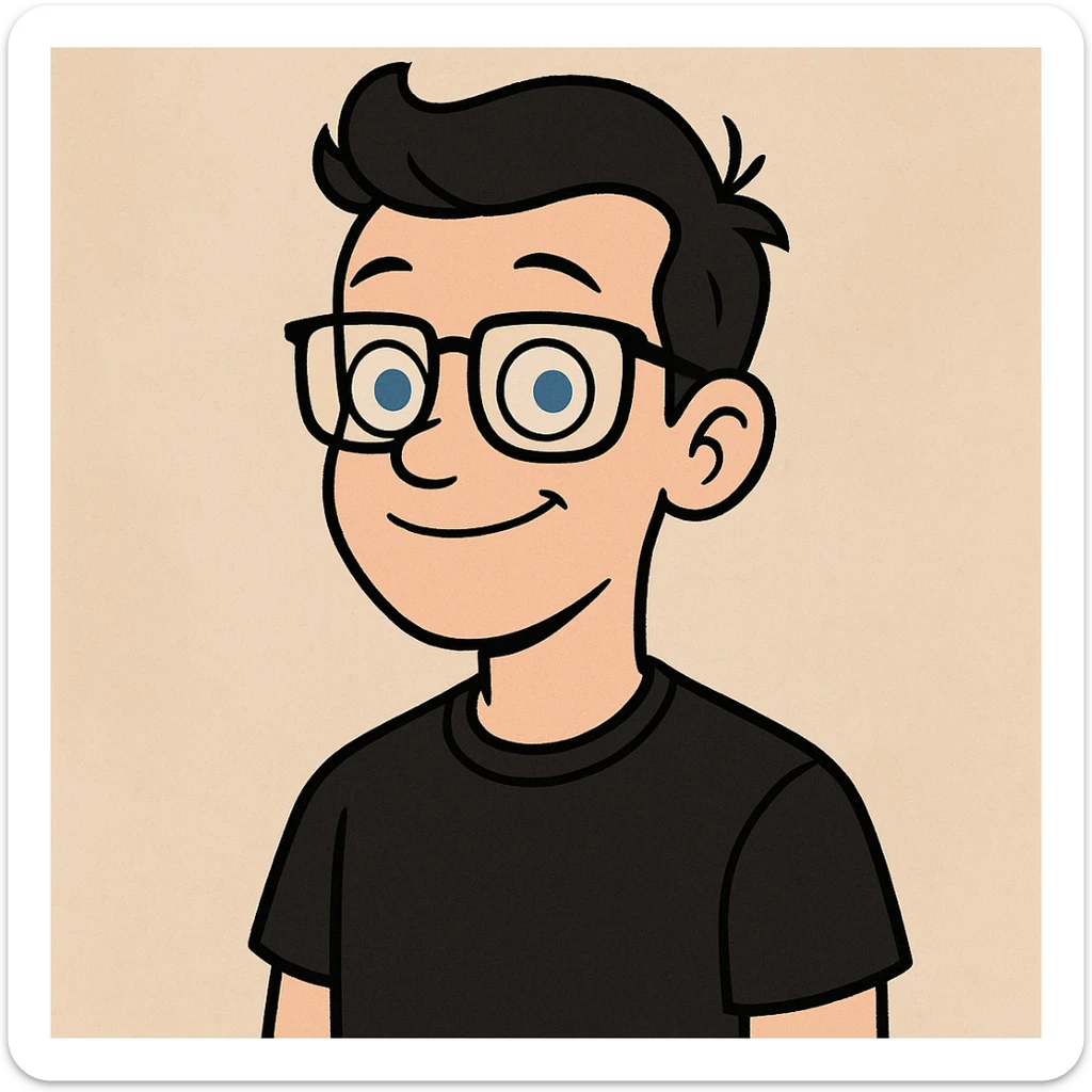 white boy, blue eyes, black glasses, black t-shirt, modern flat illustration style sticker