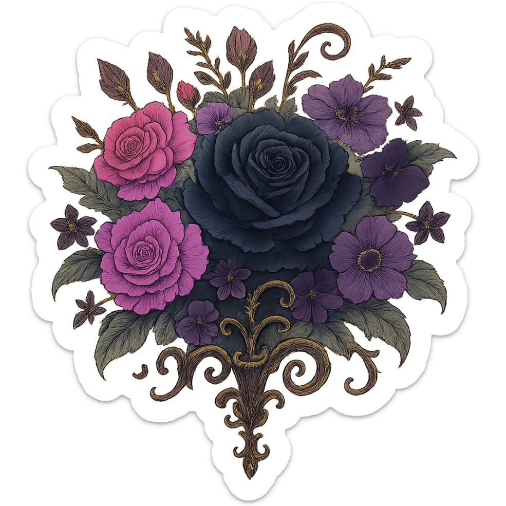 gothic bouquet, mix of black, pink, and purple flowers, ornate details, elegant, whimsical, soft lighting sticker