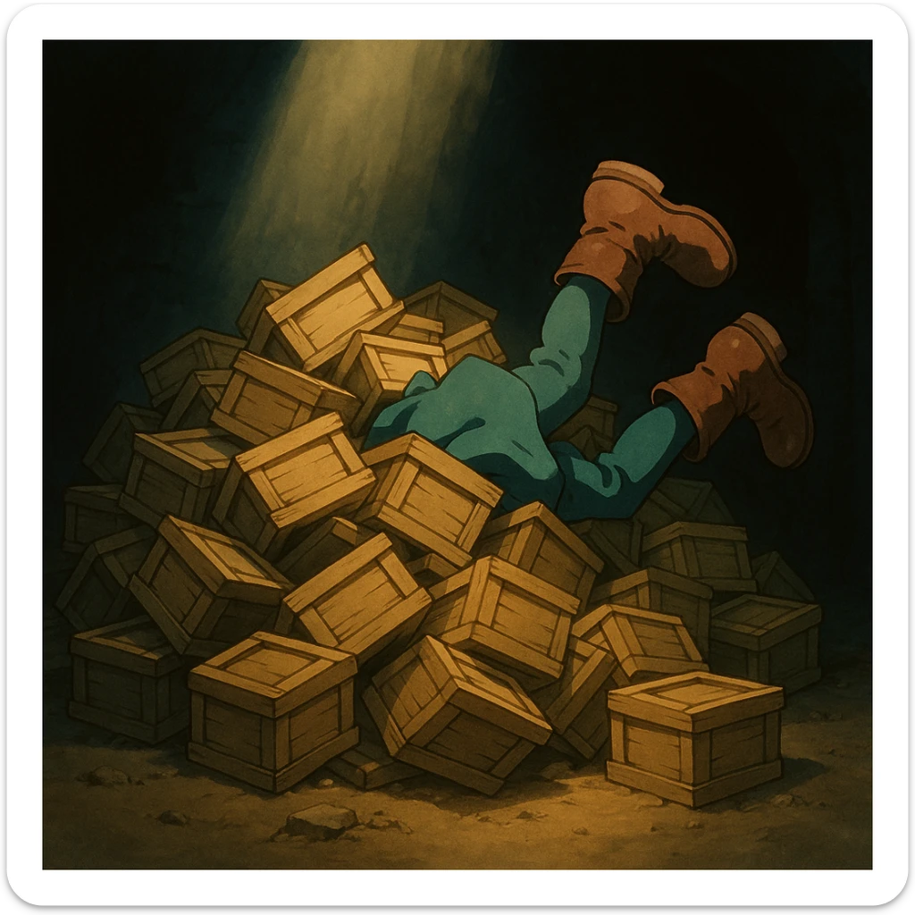 A pile of small oblong crates hidden in a dark area with a beam of light shining from above, with someone’s boots sticking out like they dove in sticker