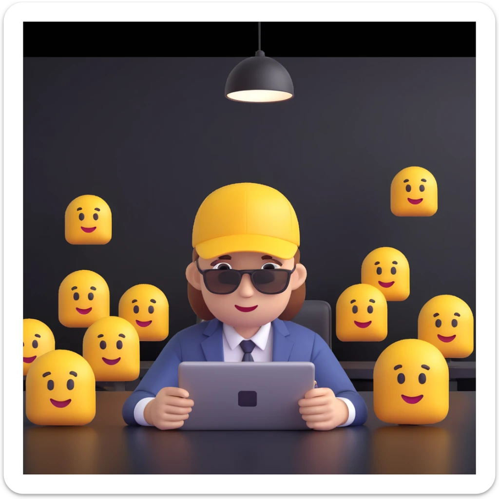 Show the millennial entrepreneur with cap and shirt in a modern meeting room, 3D emoji style. sticker