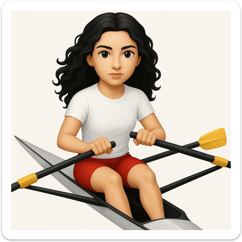 Altındaki tekneyi olimpik kürek sporu için uygun, uzun ve ince yarış teknesi olarak değiştir. Kız siyah uzun dalgalı saçlı, beyaz tenli, kırmızı şort ve beyaz kısa kollu tişörtle olimpik kürek sporu yapıyor sticker