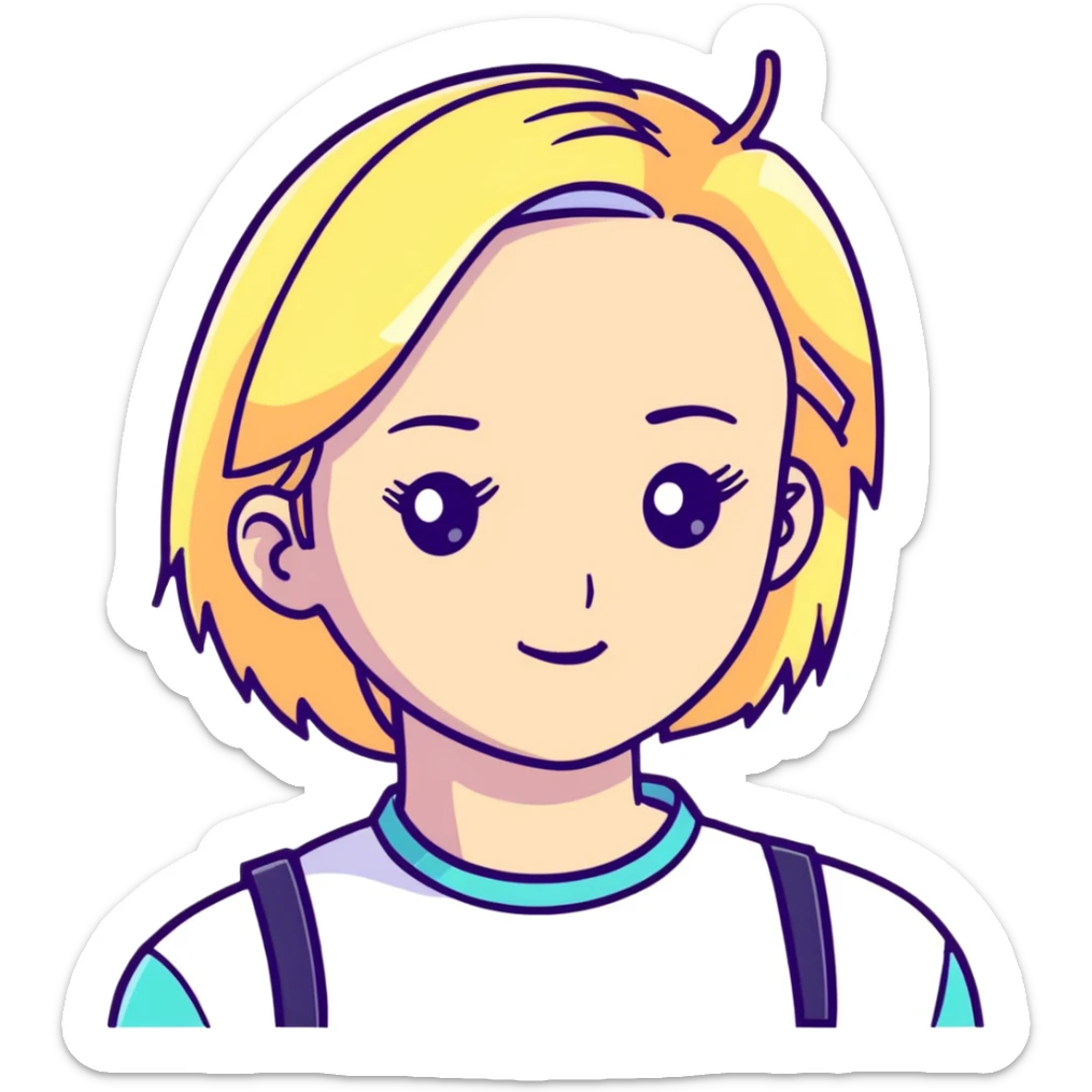 Poppy music artist, blonde woman with pastel colors, android-like expression sticker