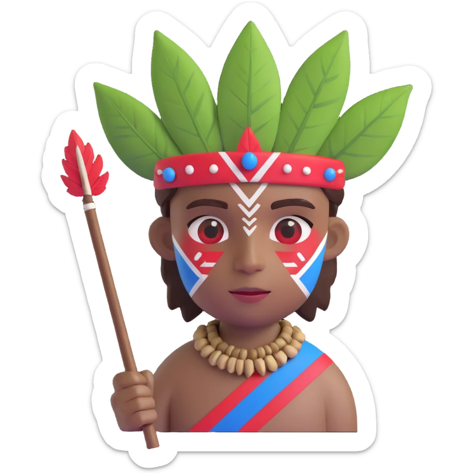 fierce tribal boy emoji inspired by Roger from Lord of the Flies, face painted with red white and blue stripes, wearing a leaf covering, holding a sharp-edged stick sticker