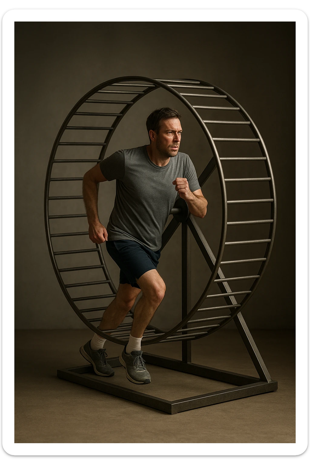 uomo che corre dentro la ruota del criceto come un circolo vizioso immagine realistica sticker