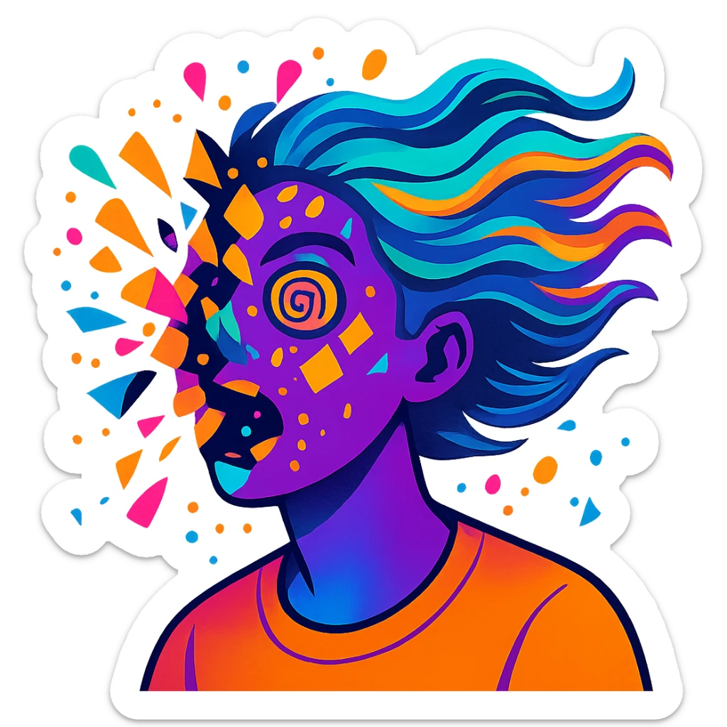 person with acid purple and turquoise neon skin, face breaking apart in colorful explosion, airbrushed, hair as flowing liquid color, spiral eyes, geometric accents, paint flecks, energetic motion sticker