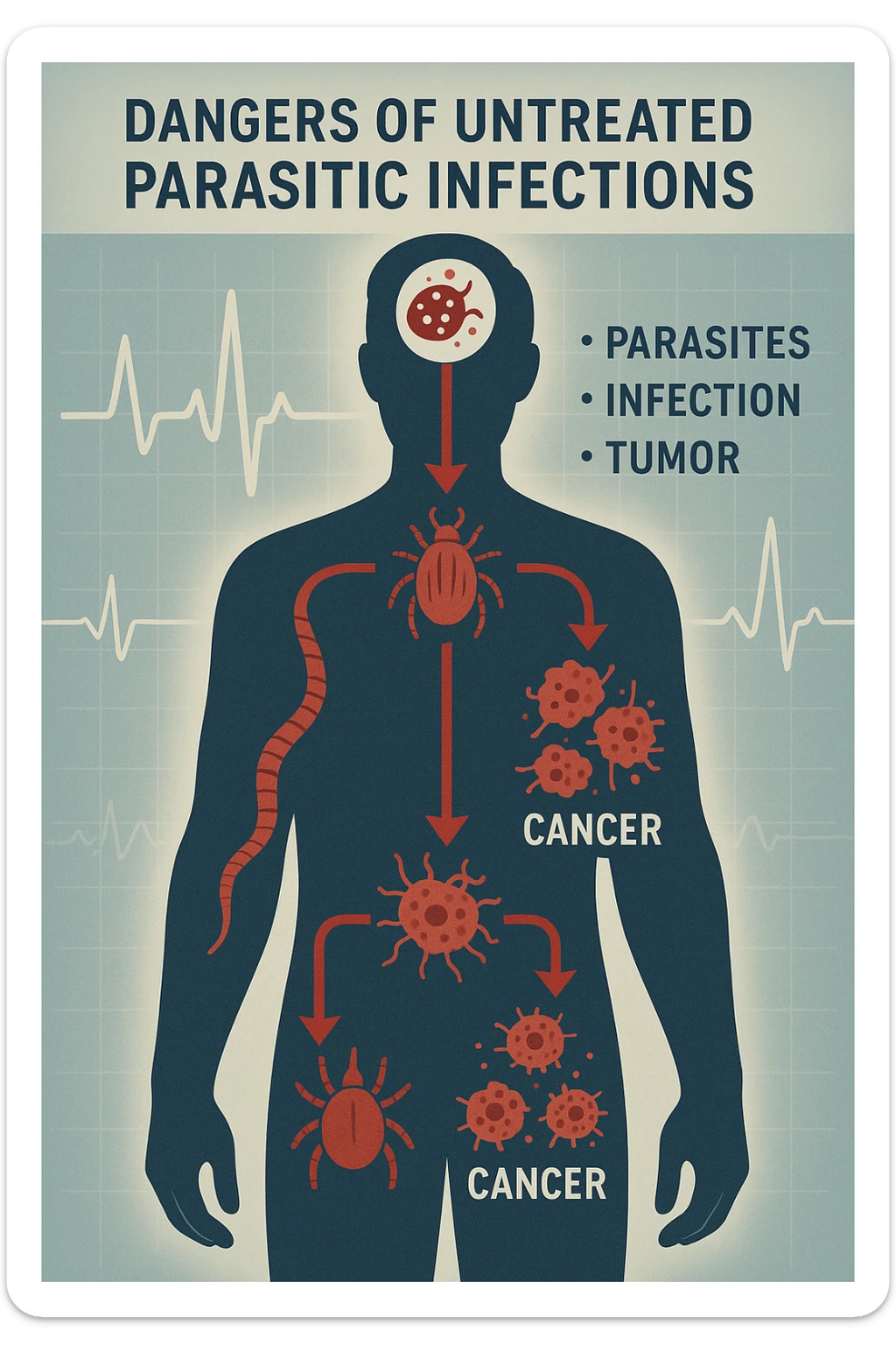 a man’s silhouette is filled with stylized images of parasites and tumor cells, connected by red lines or arrows to show cause and effect. The background features a medical chart or infographic about the dangers of untreated parasitic infections. The overall tone is serious and educational. scritto in italiano sticker