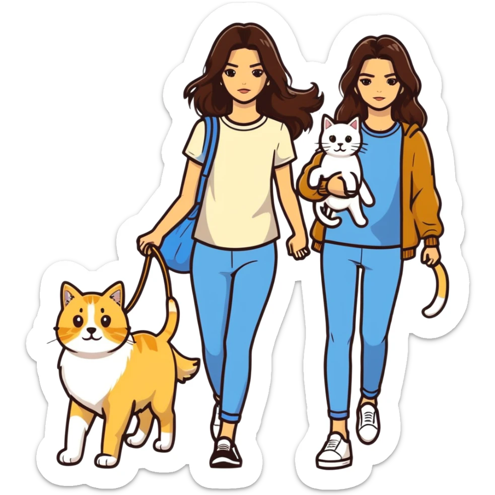 Kendall Jenner with long brown hair walking a golden retriever dog and three cats, two cream colored cats and one white and blue cat sticker