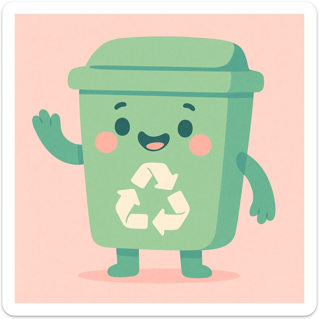 green recycle bin, pastel cartoon style, soft colors, friendly expression sticker