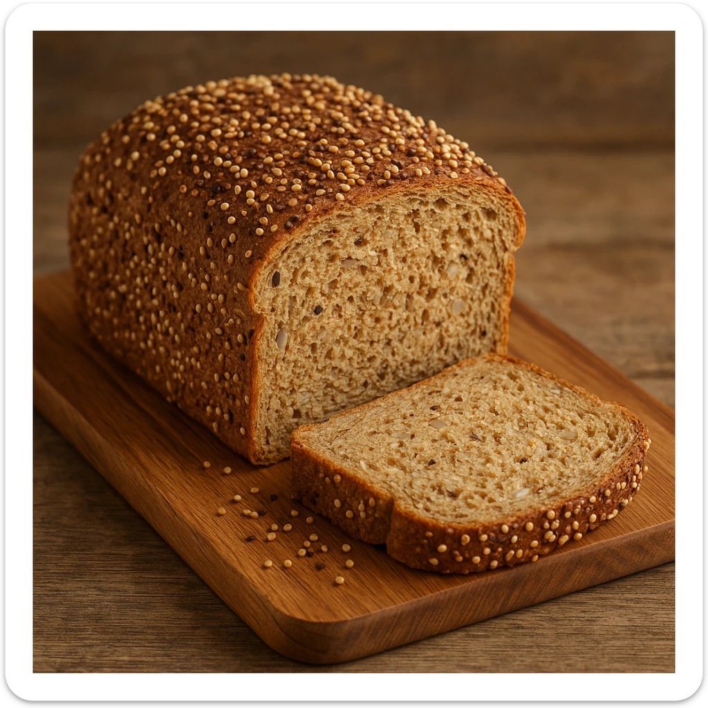 whole wheat bread with quinoa and rice, realistic photo, on wooden cutting board, visible seeds sticker
