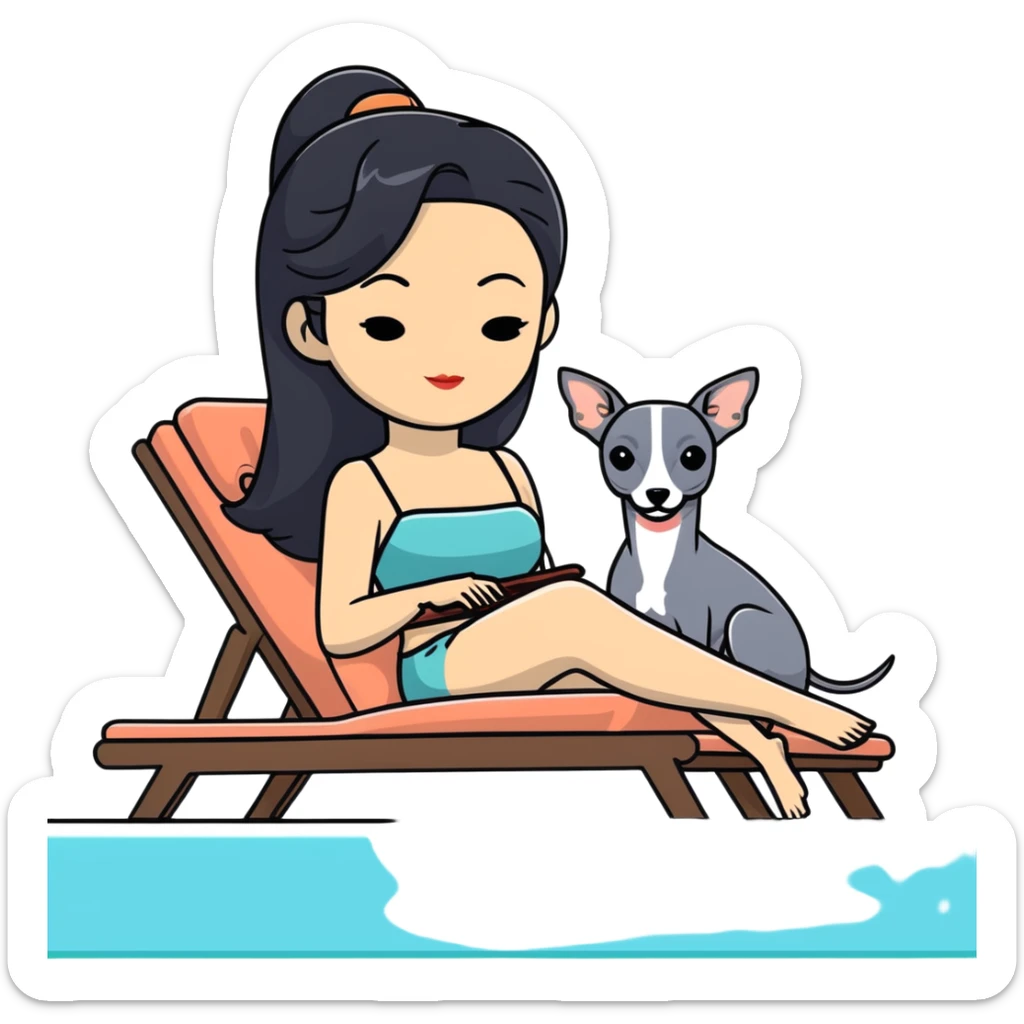 Very thin and slim Chinese woman with long black hair in elegant pool attire relaxing on a comfortable spa lounger at a luxury spa pool with only ONE Italian greyhound that is COMPLETELY solid dark grey with ABSOLUTELY ZERO white markings anywhere - 100% uniform dark grey color only - the single dog is relaxing on or beside the lounger sticker