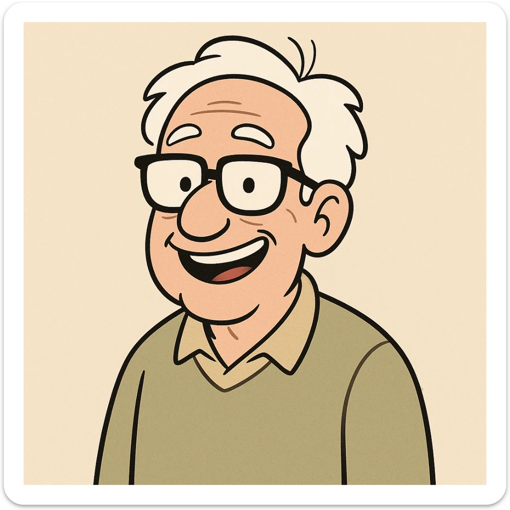 a smiling white-haired old man with black framed glasses, cartoon style sticker