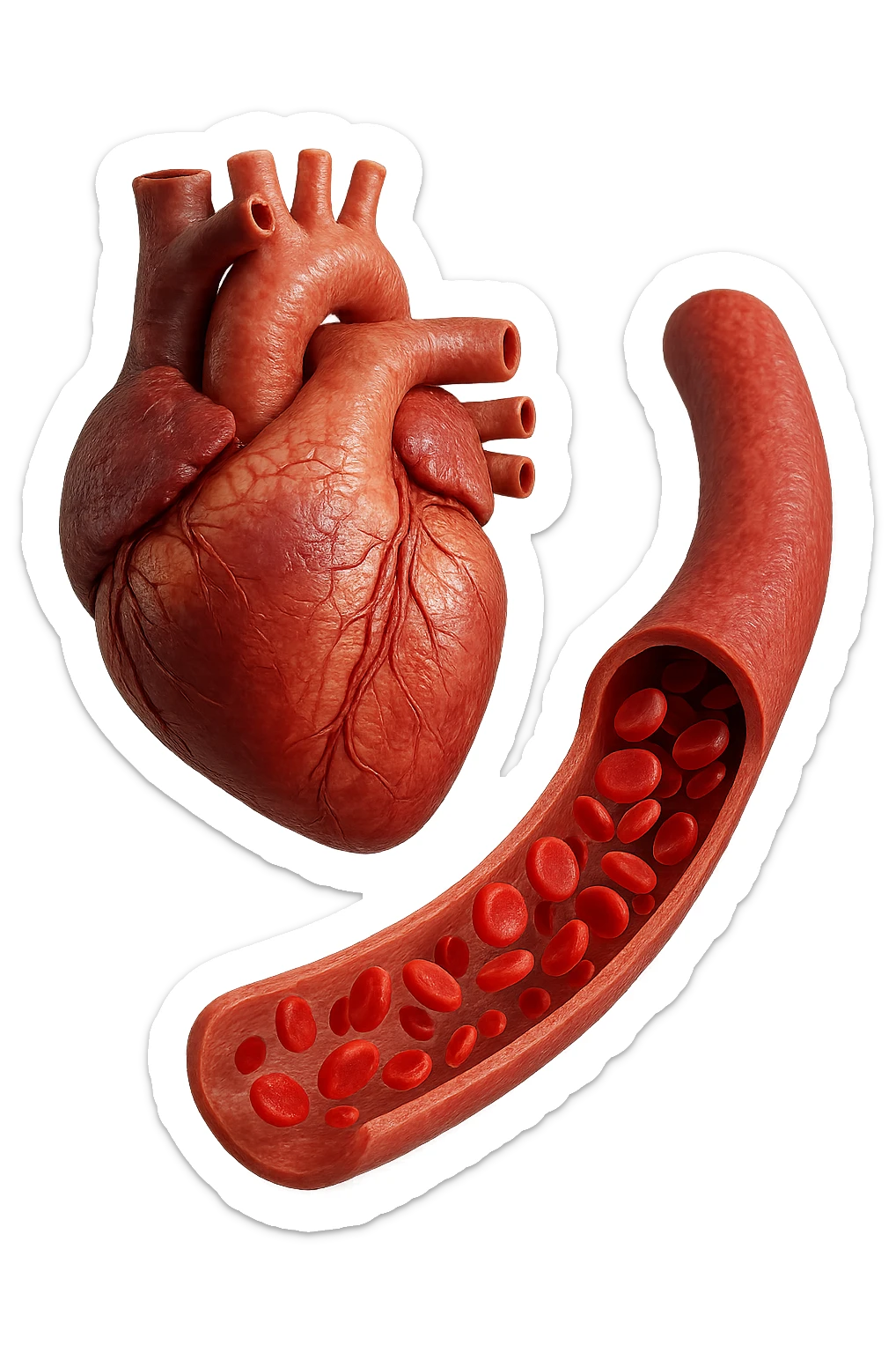 cuore anatomico umano fluttuano in aria insieme ad una vena umana con globuli rossi , iperrealistiche 4k sticker