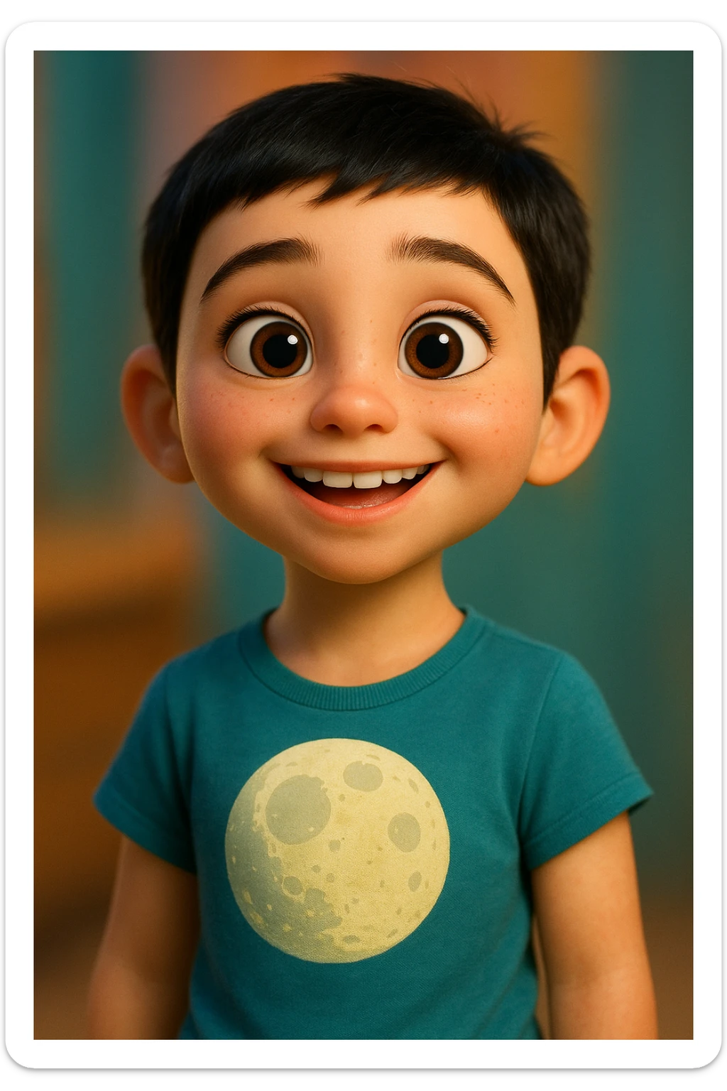 Pixar style young girl with very short black hair, light skin, wearing a t-shirt with a moon design sticker