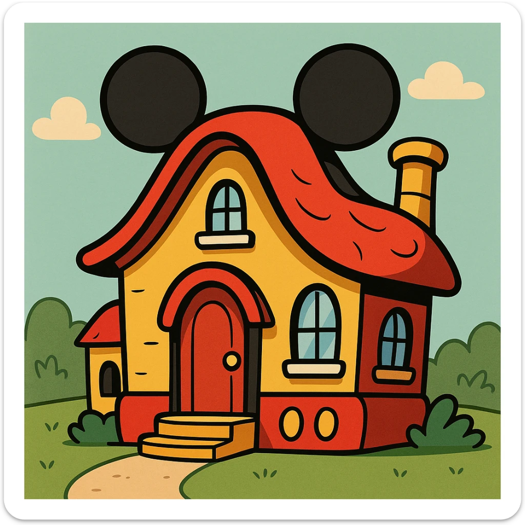 Mickey Mouse inspired house, cartoon style, playful and colorful, whimsical design, house with Mickey Mouse ears and colors sticker