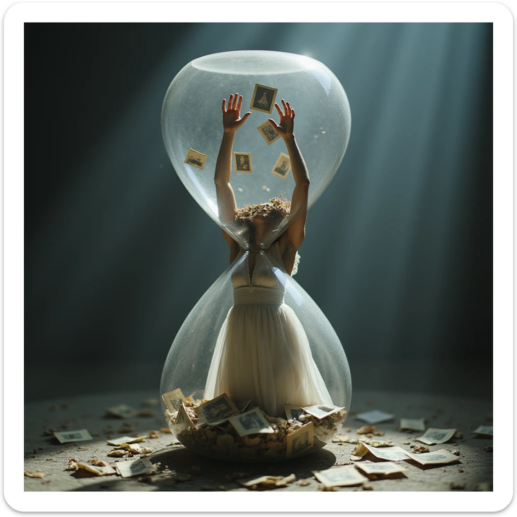 Ethereal woman trapped inside a giant hourglass, lower body buried in old photographs, hands reaching up trying to catch floating 'present moments' slipping through her fingers, hyperrealistic 4K, surreal and poetic atmosphere, soft light sticker
