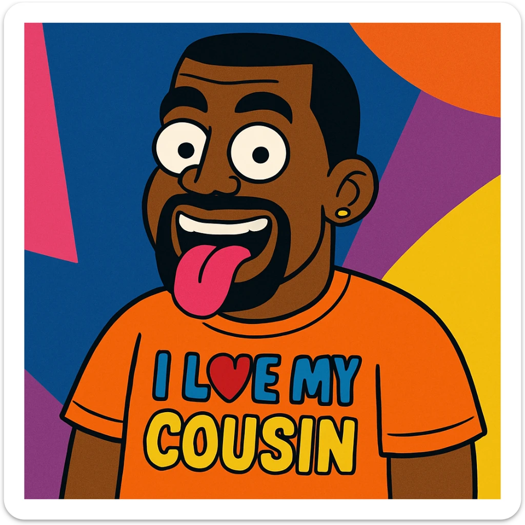 Kanye West with his tongue out, wearing a t-shirt that says 'I love my cousin', vibrant toon style sticker