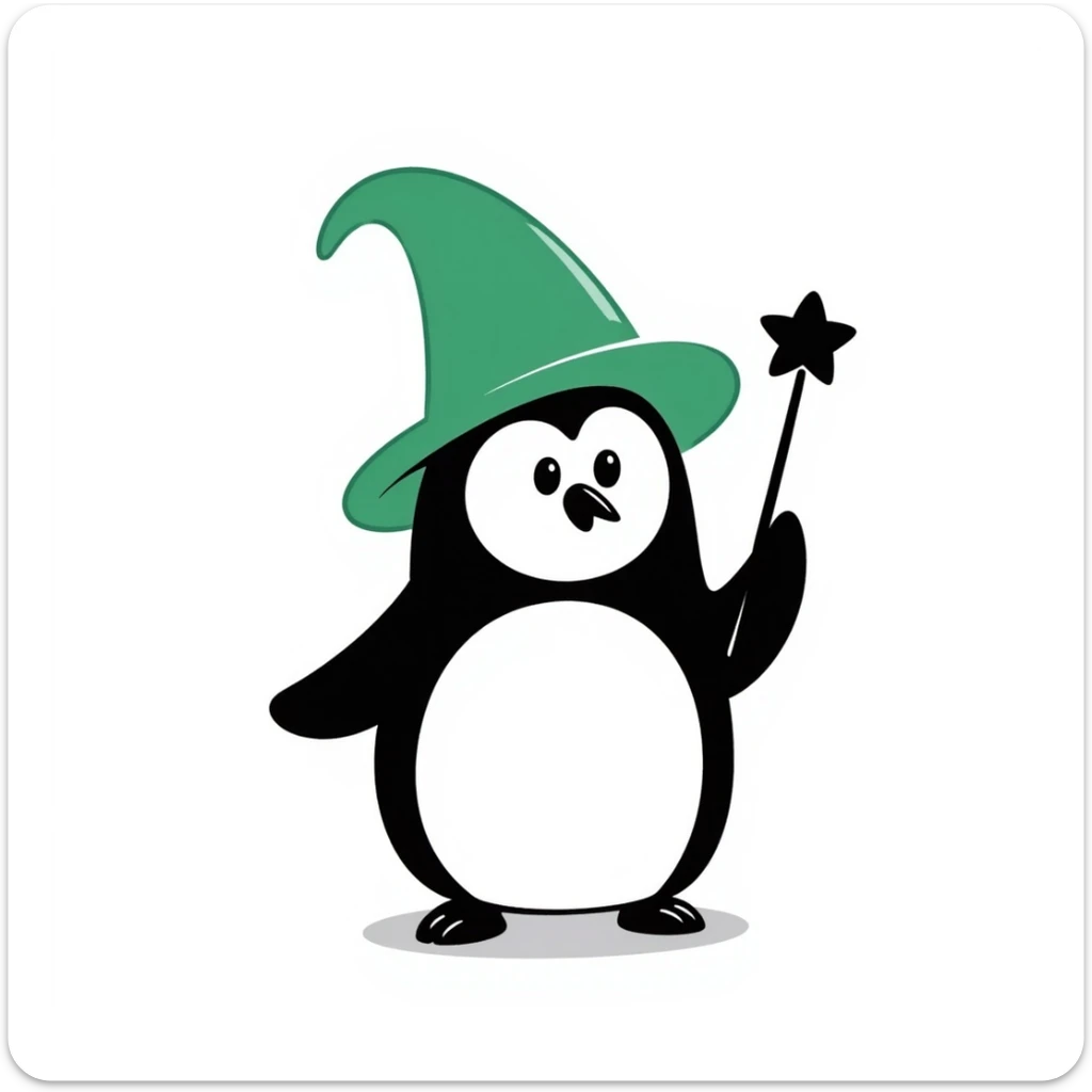 A penguin wizard with a green hat and a wand with a star, playful and sketchy sticker