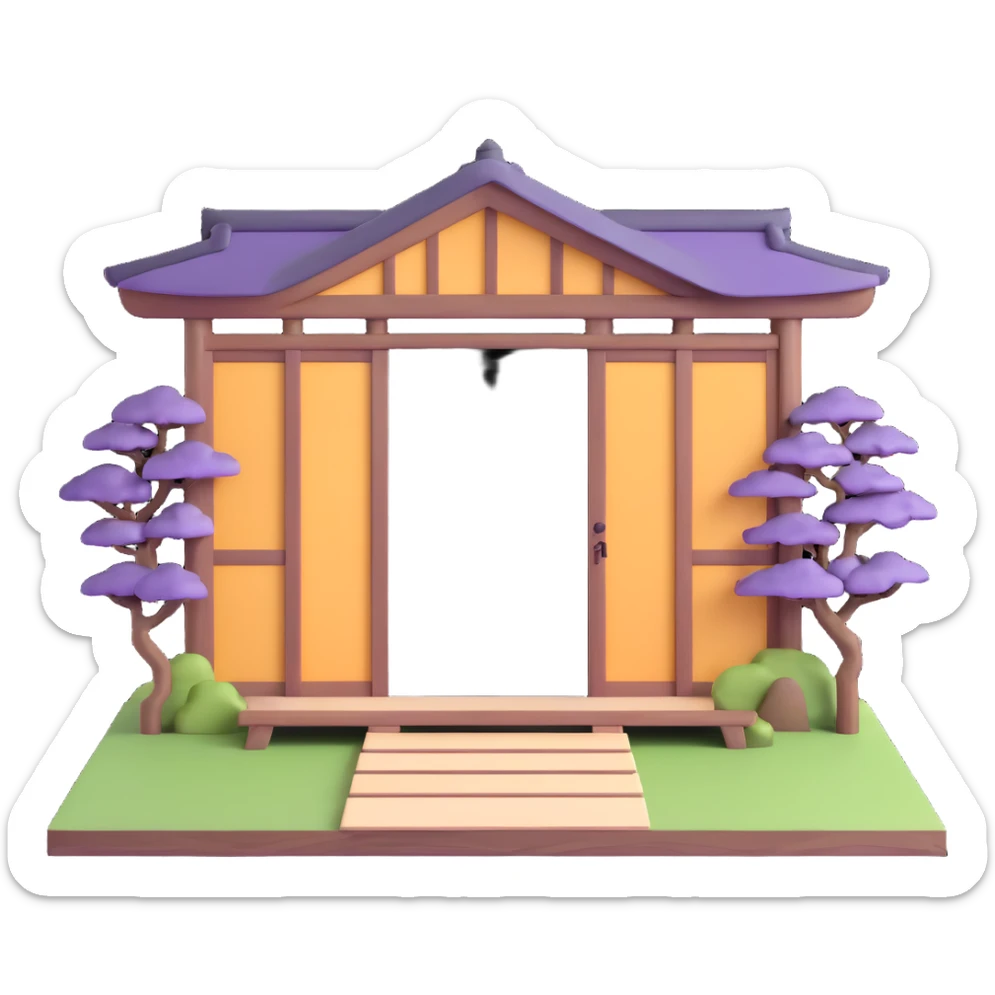 Traditional Japanese house with wooden beams, paper doors, tatami sticker