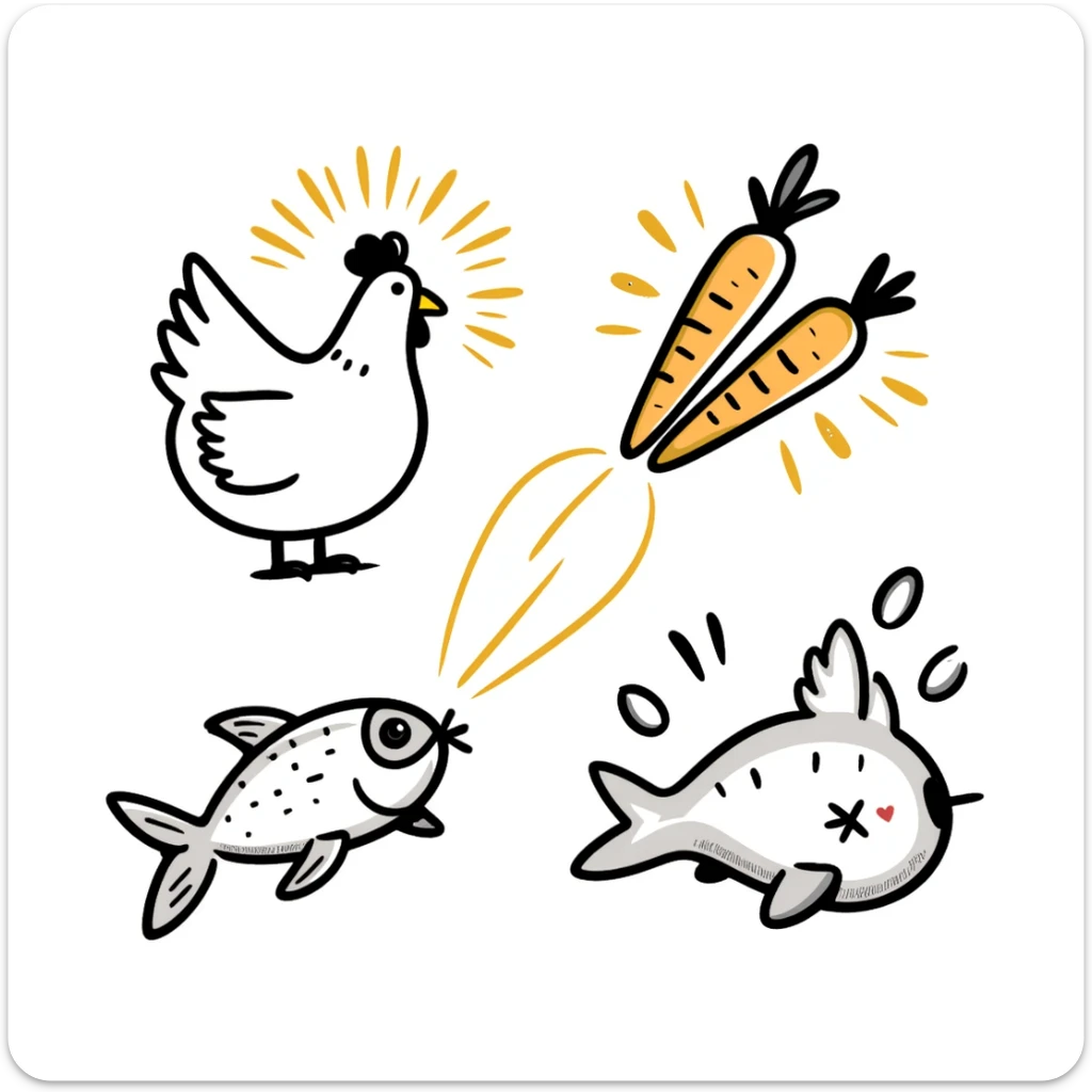 Ethereal magical image of glowing chicken, luminous fish, and radiant carrots with golden beams connecting them to a healthy eye, glowing skin and a shimmering immune shield sticker