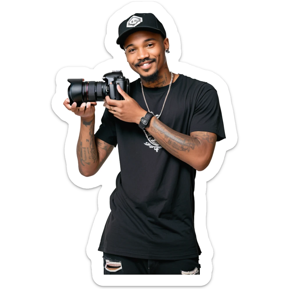 A young, black, South African, male cinematographer dressed in a black round neck t-shirt, black pants and black baseball cap holding a mirrorless dslr camera in one hand. Dark brown eyes. Bright white smile. Minimal facial hair — a small moustache connected to a goatee. Arms covered in tattoos. sticker