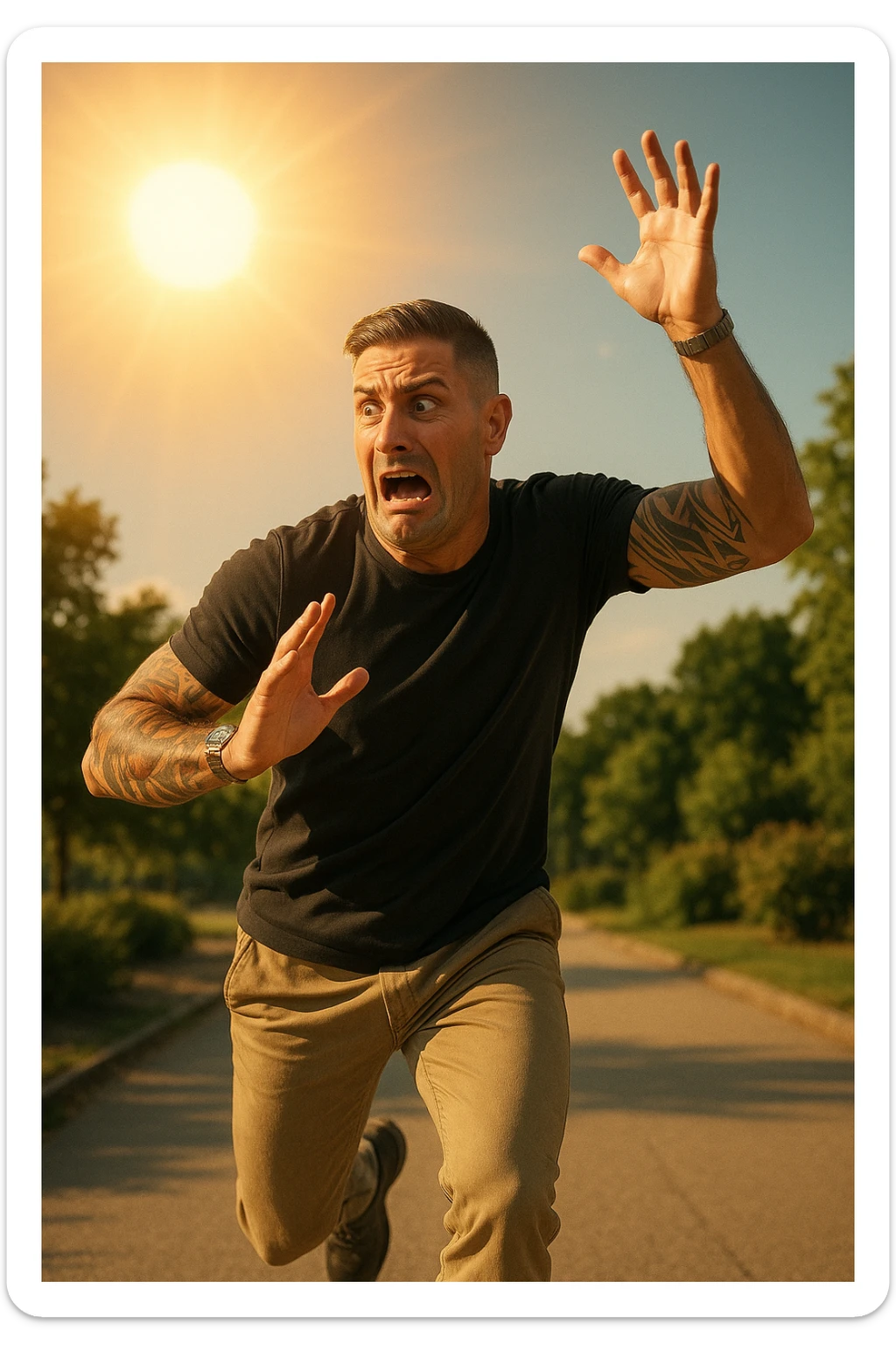 Uomo che corre via dal sole spaventato perchè pensa sia nocivo realistica sticker