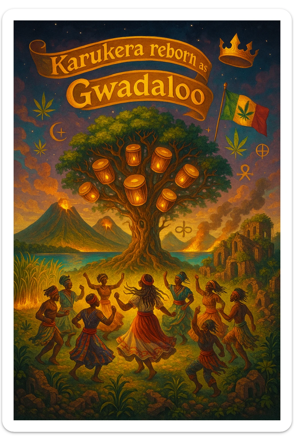 Create a powerful, surreal vision of the Caribbean island Guadeloupe, reimagined as ‘Guadeloupe' — its sacred, sovereign identity restored. The island is lush, tropical, and volcanic, with two green volcanoes glowing golden at the peaks. In the center stands a giant mystical Drum Tree, its branches bearing carved drums instead of fruit, glowing with rhythmic light. Ancestral spirits of African and indigenous lineage dance in a circle around the tree, surrounded by floating ganja leaves and sacred symbols. Sugarcane fields burn gently in the background, symbolizing the end of colonial suffering. Ruins of colonial buildings crumble into the earth, reclaimed by vines and jungle. Above the island, a glowing banner in the sky reads: ‘Karukera reborn as Gwadaloo.’ A ganja-leaf flag waves high in red, green, and gold, and a golden Creole crown floats in the sky above the island — not worn by any man, but held in rhythm. The ocean is turquoise, the light is divine, and the entire scene radiates spiritual victory, cultural remembrance, and cosmic rhythm. Use a warm, cinematic palette of golds, greens, blues, and purples. Style should feel epic, sacred, and symbolic — a rebirth of Caribbean power. sticker