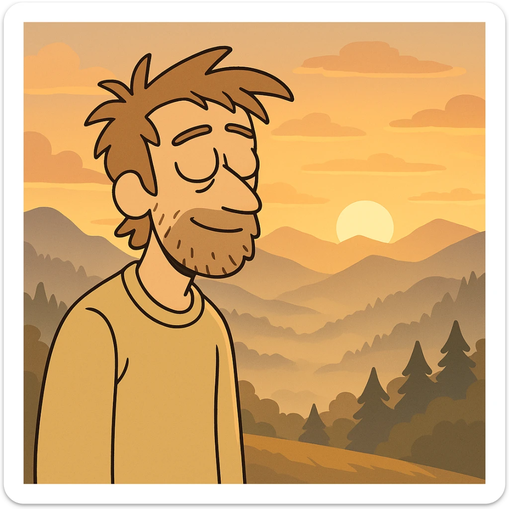 aesthetic morning sunrise, misty mountains, golden sunlight, tranquil mood, in Flat Toon style sticker