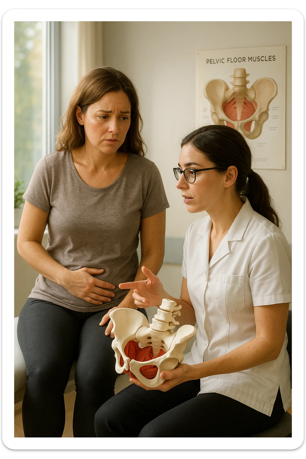 A realistic, cinematic illustration of a woman in her mid-30s with a thoughtful, slightly worried expression, sitting in a bright, modern physiotherapy clinic. She is wearing comfortable leggings and a loose top, with one hand resting gently on her lower abdomen, indicating discomfort. The scene shows a caring female pelvic floor physiotherapist explaining with a pelvis anatomical model, while the woman listens attentively but visibly concerned. In the background, soft natural light enters through the window, and an anatomical poster of pelvic floor muscles is visible on the wall. The environment is warm, clean, and reassuring, emphasizing the sensitivity of pelvic floor disorders while promoting trust and awareness in seeking help sticker