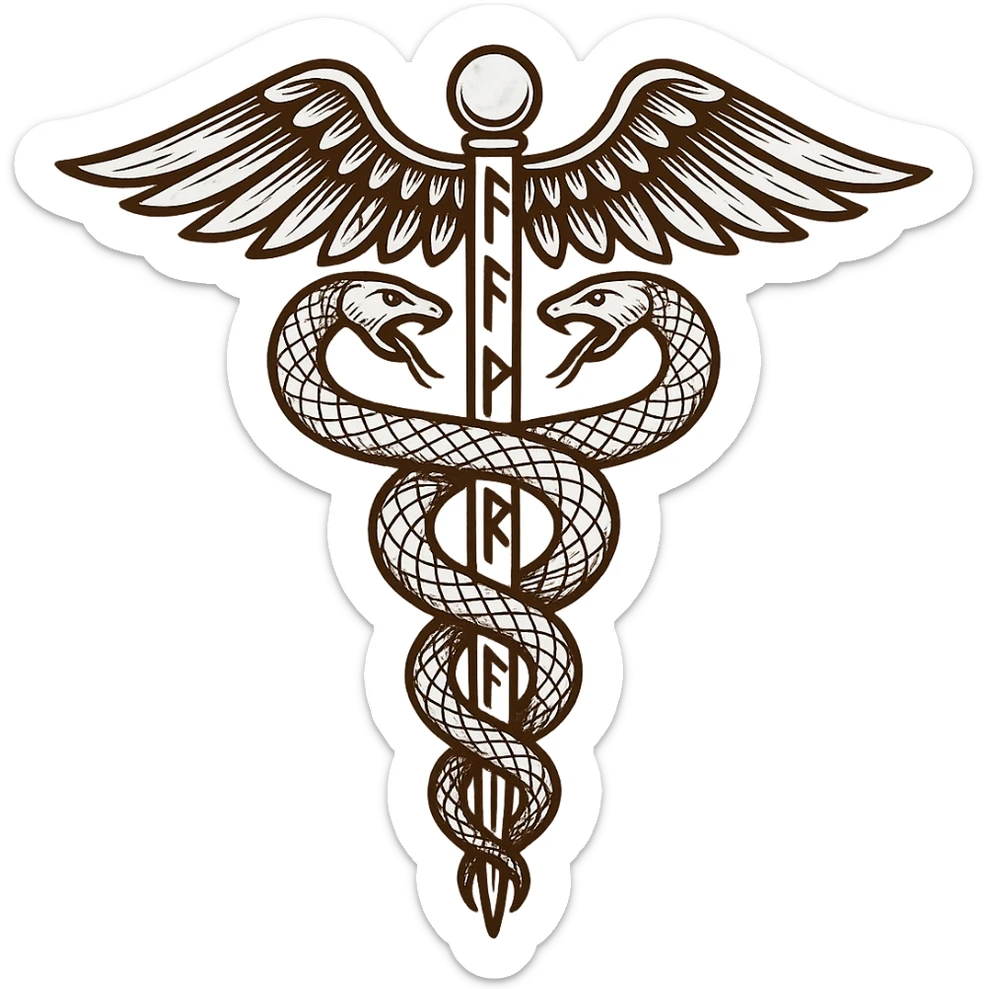 A caduceus intertwined with Viking runes, combining medical and Norse themes sticker