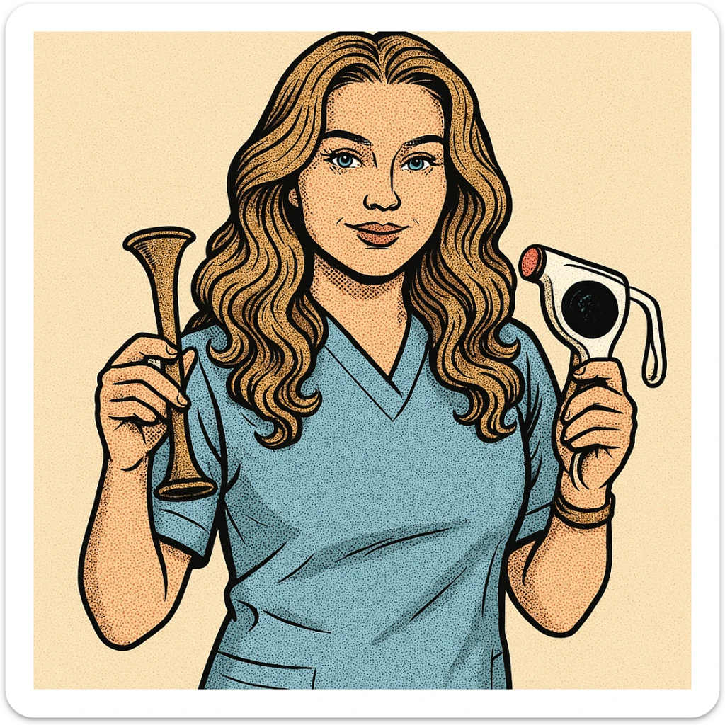 Portrait of a girl matching the appearance and clothing from the last photo, holding an obstetric stethoscope in her hands. Pose and style as in the second example (old-school comic book style) with thin clean contours, soft rounded shapes, detailed shadows and highlights, soft lighting, minimalist background without decoration. sticker