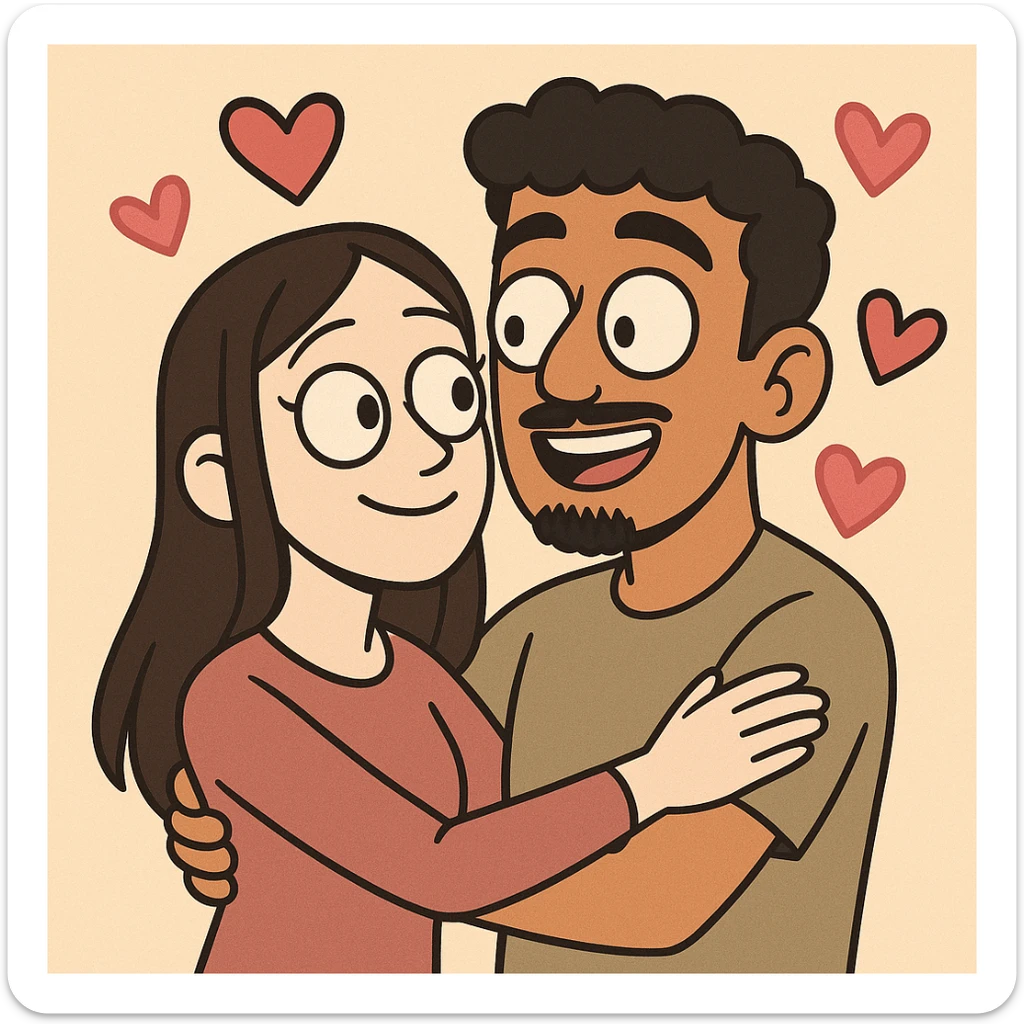 cartoon style couple, girl pale with long straight dark brown hair no facial hair, boy tan with short black curly hair, small goatee and separate mustache, hearts around them sticker