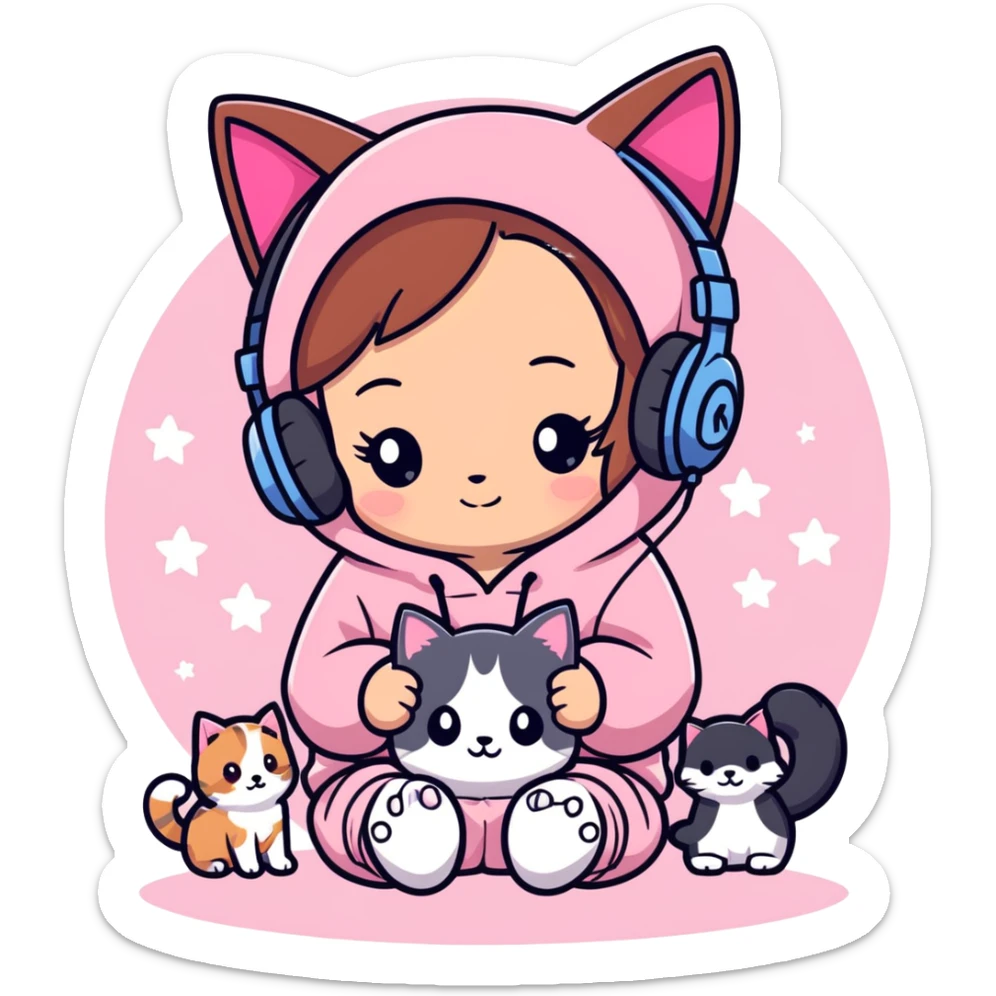 A brown-haired cartoon girl, anime style, in a pink sparkly hoodie with headphones on, surrounded by hearts, stars, and a puppy and kitten cuddling at her feet. sticker