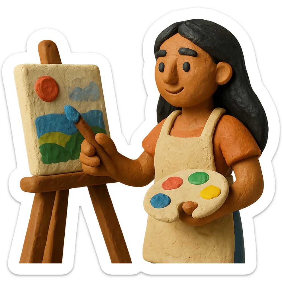 tanned woman artist with long black hair, wearing an apron, painting at an easel, holding a palette and brush, claymation style sticker