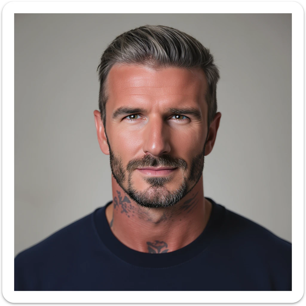 realistic headshot of David Beckham, close-up, slicked-back hair, subtle smile, elegant look sticker