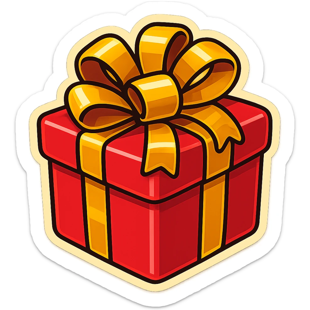 Make this gift emoji cartoony, with a primary color of red for the box and a secondary color of yellow for the ribbon, keeping the style playful and bold in retro stickers style. sticker