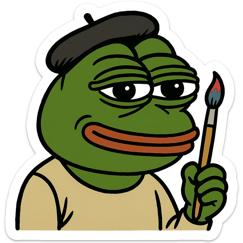 Pepe the Frog as an artist with beret and paintbrush, meme style sticker