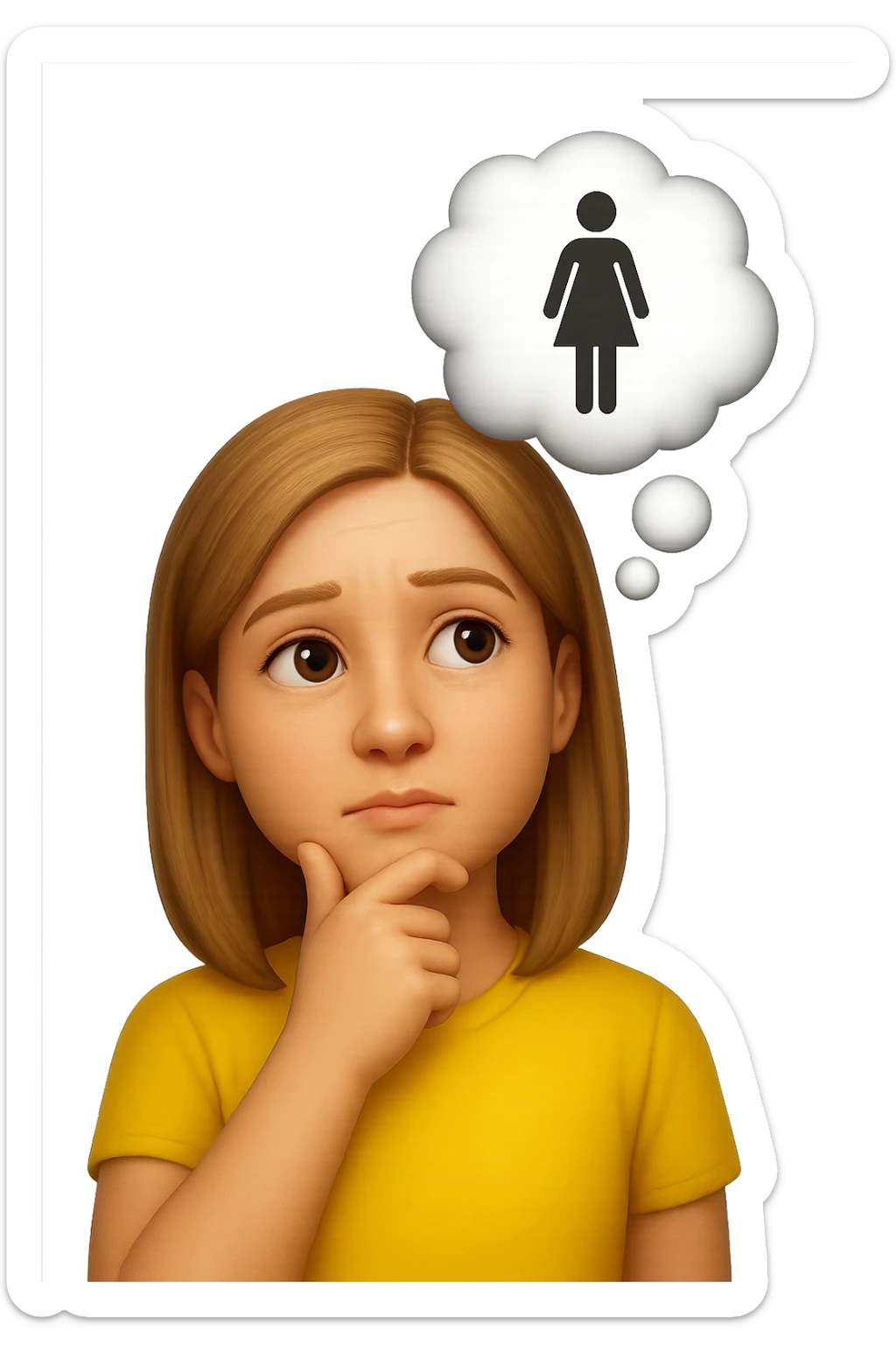 emoji stile iphone di una donna con nuvoletta di pensiero con all'interno la toilet per donne, iperrealistico 4k sticker