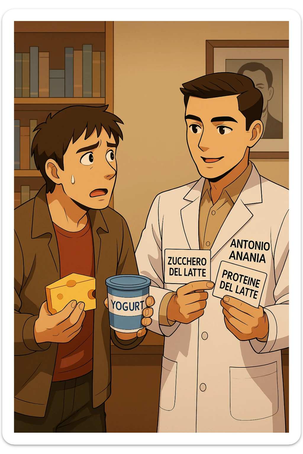 fai un webtoon manga a colori con questo stile, in cui un uomo fa una domanda al kinesiologo con il camice bianco (fagli anche la scritta "ANTONIO ANANIA" SUL CAMICE, l'uomo chiede una cosa mostrando un formaggio e uno yogurt al kinesiologo con il camice, IL KINESIOLOGO annuisce e SPIEGA ALL'UOMO UNA cos. L'UOMO ha un ESPRESSIONE CONFUSA IN VOLTO. non fare i fumetti però, fai solo in modo che sembri stiano parlando sticker