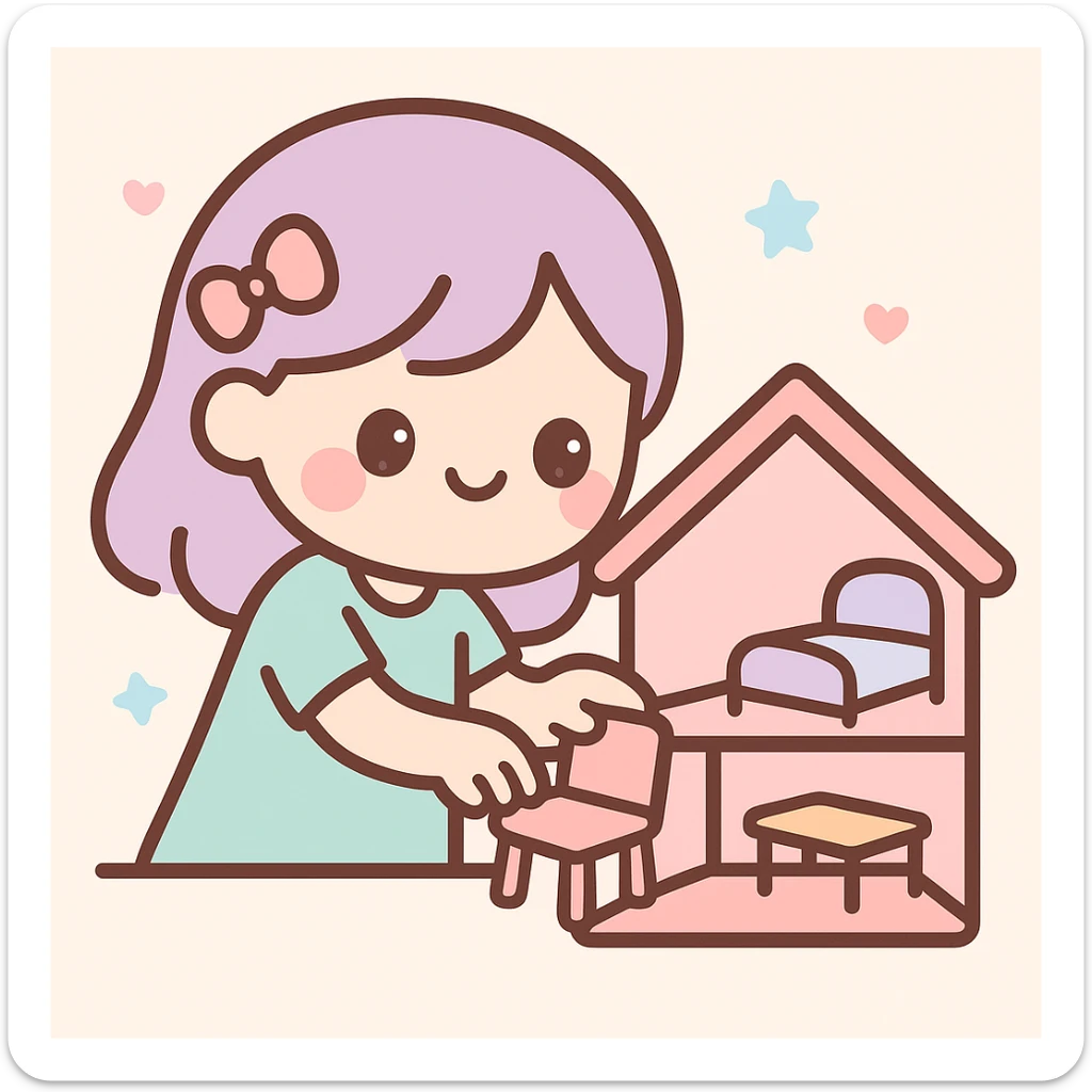 smiling girl arranging furniture in doll house sticker